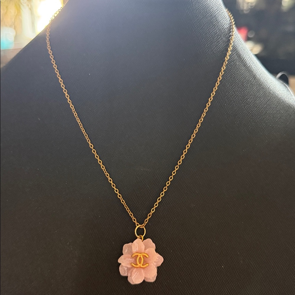 Lucite Pink Carnelian Rose Fashion Necklace with Chanel Vibes